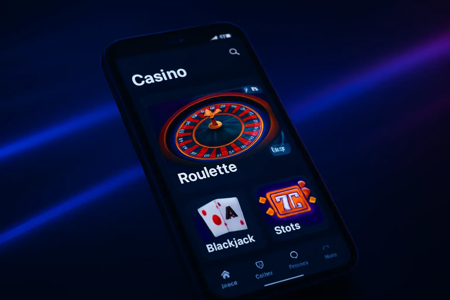 Android smartphone mockup showing casino mobile app game lobby interface