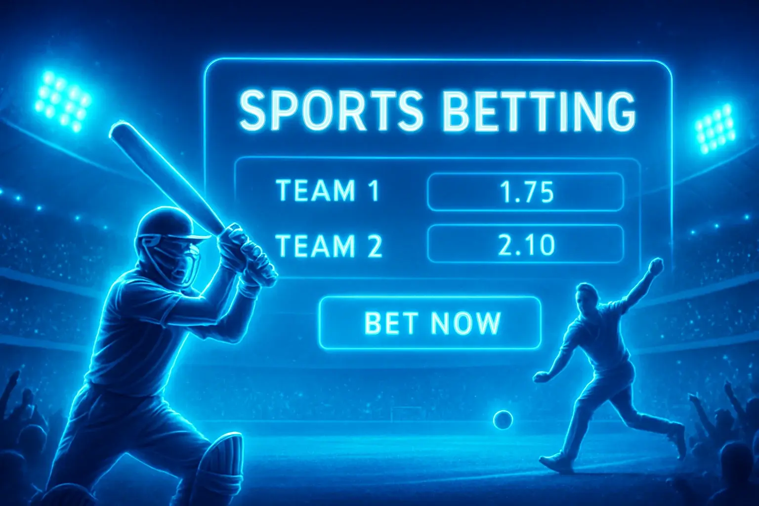 Sports betting banner with cricket action, stadium crowd, and betting interface