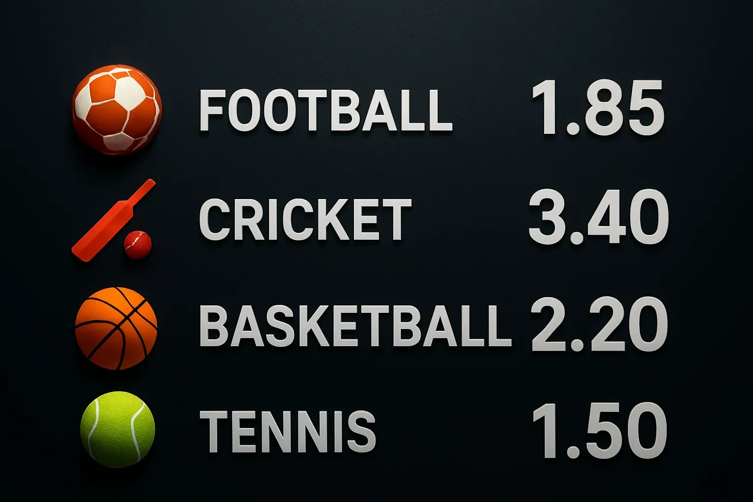 Sports betting markets display with football cricket basketball tennis odds
