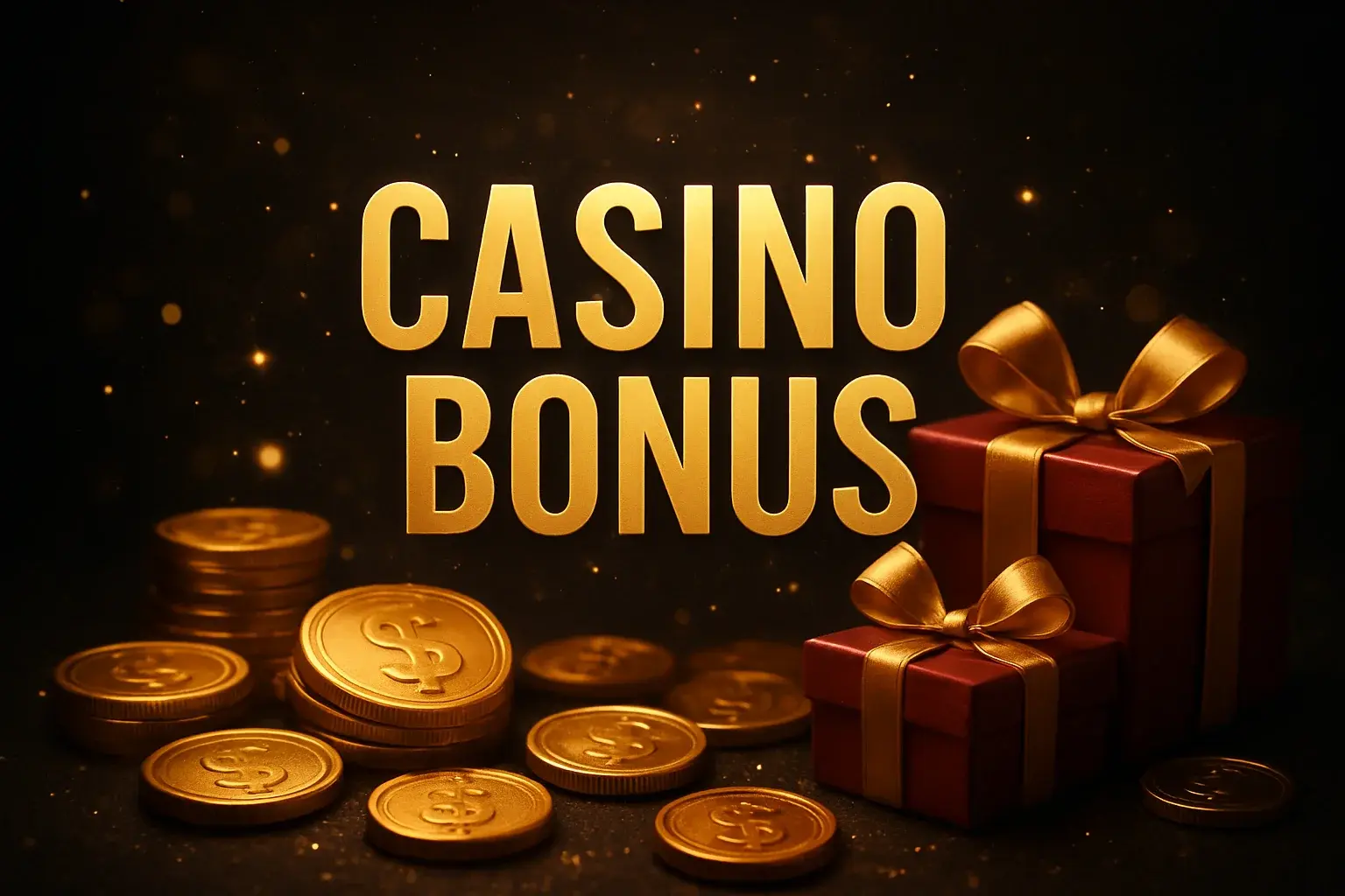 Casino bonus banner with golden coins, gift boxes, and sparkle effects