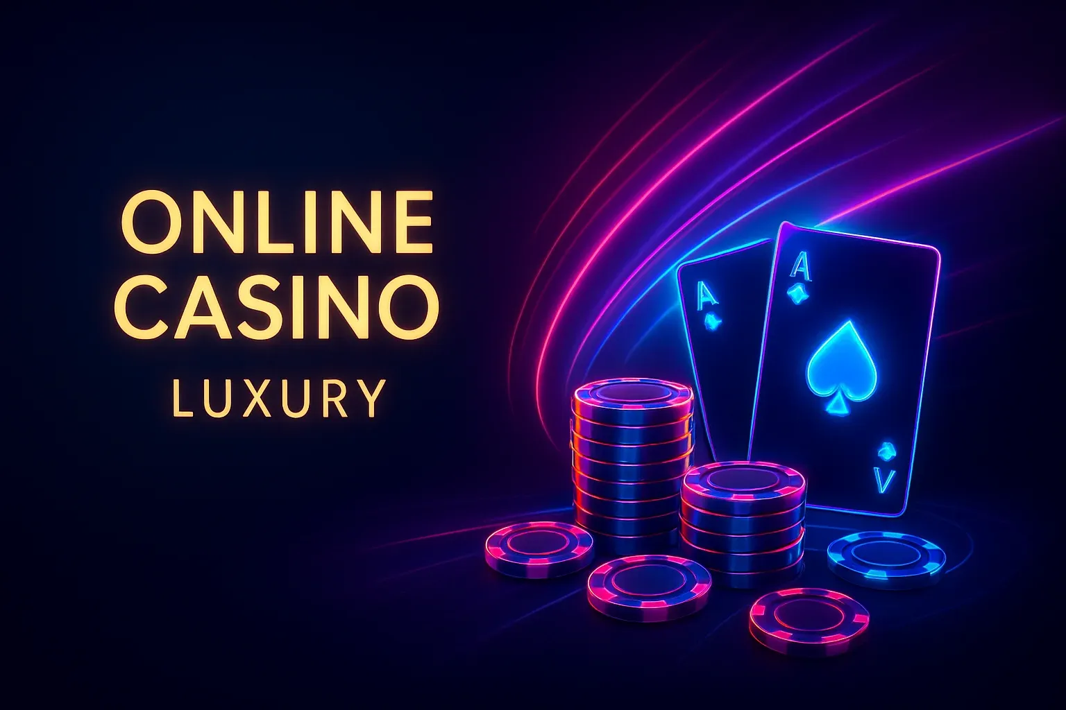 Luxury online casino hero banner with neon lights, chips and cards