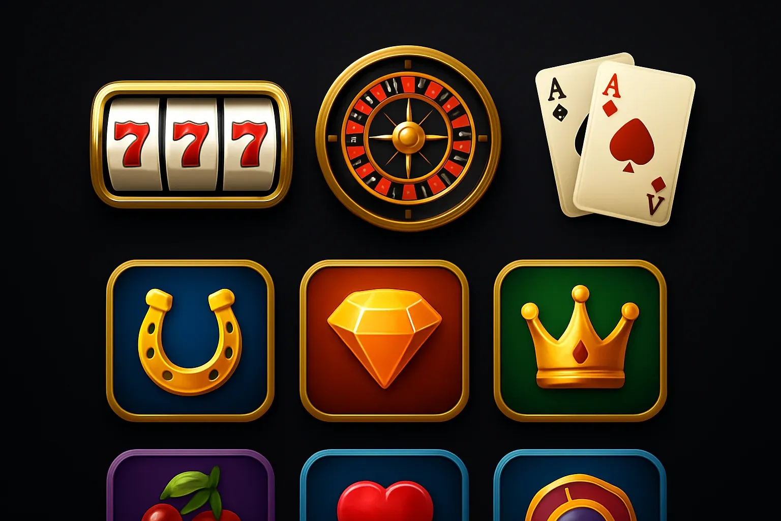 Popular casino game icons with slots, roulette, cards, vivid UI thumbnails