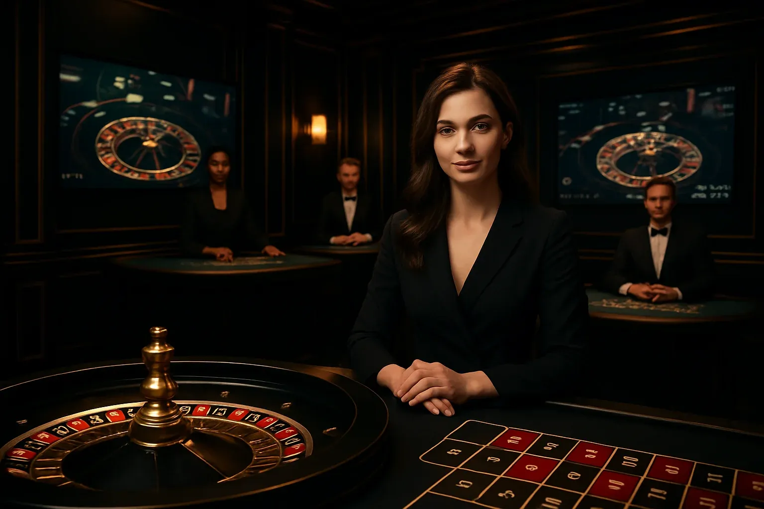 Elegant live casino studio with dealers, roulette and blackjack screens