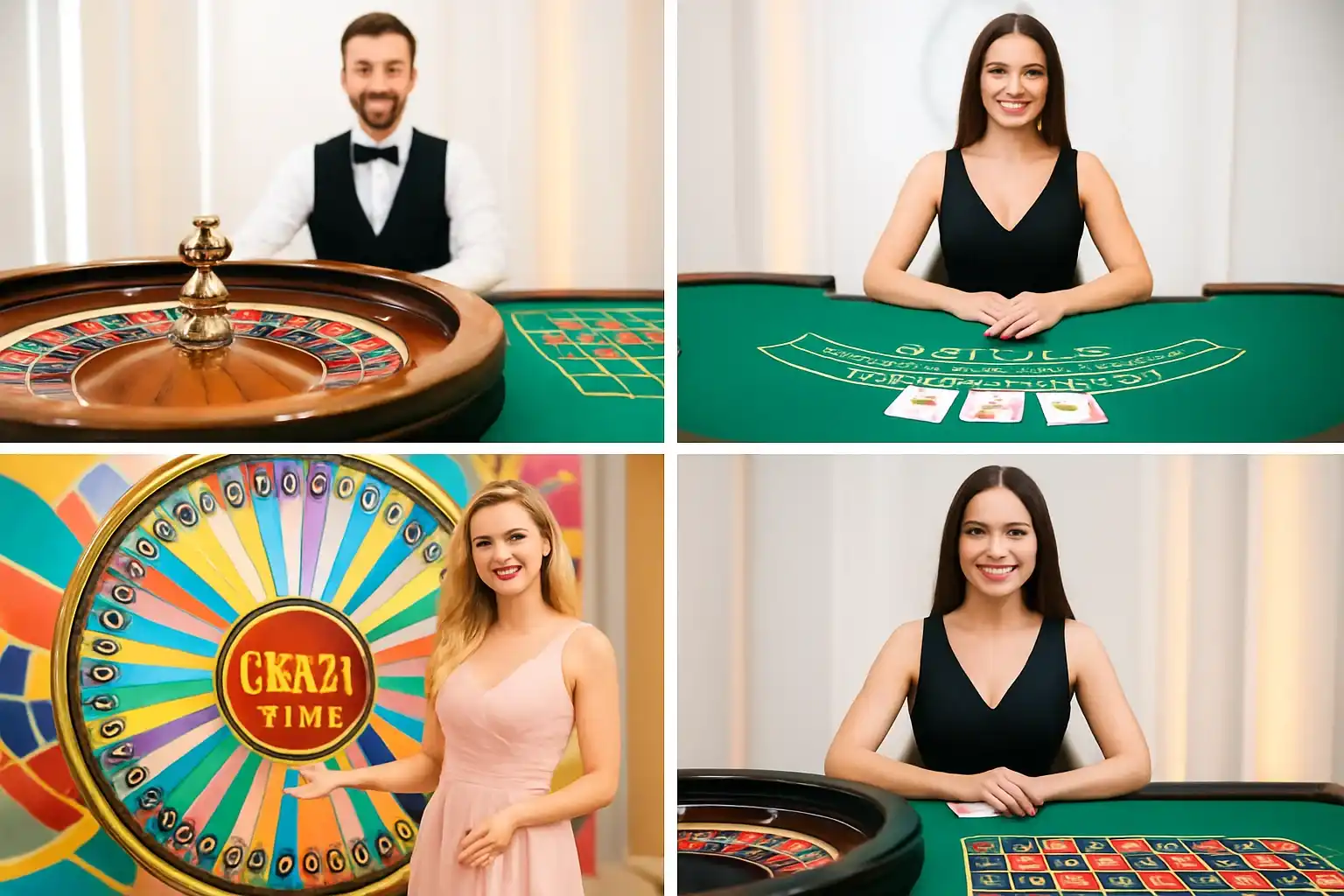 Live casino game cards with roulette, blackjack, Crazy Time, and dealer