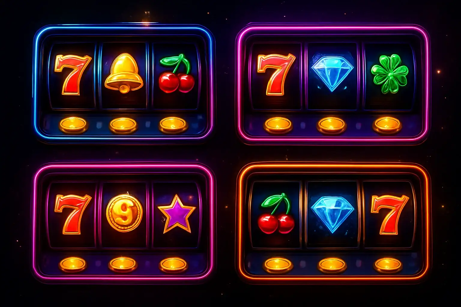 Colorful casino slot machines collage with coins, diamonds, and lucky 7s
